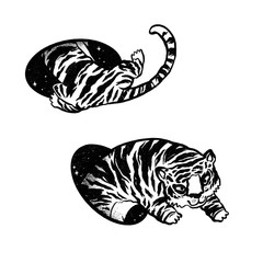Tiger in magic teleport. Linear black and white drawing. Ideal for coloring print