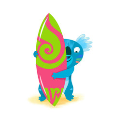 Koala Surfer character with surfboard. Cute hand drawn illustration