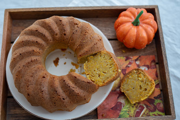 home made pumpkin sponge cake on a table