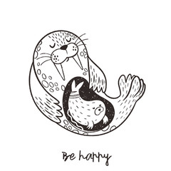 Black and white pregnant walrus with her baby in ink style. Hand drawn illustration of animal waiting for a baby. Ideal for coloring