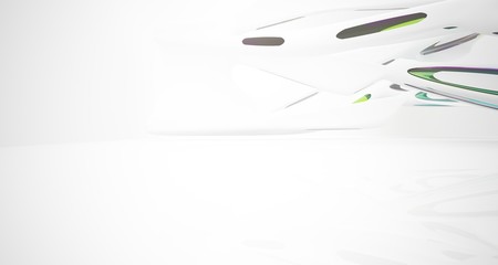 Abstract architectural white and glass gradient color smooth interior of a minimalist house with large windows.. 3D illustration and rendering.