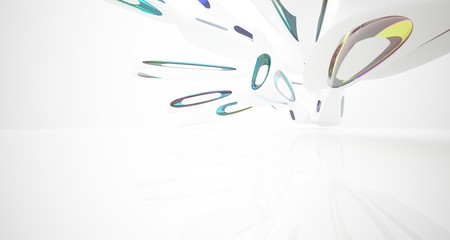 Abstract architectural white and glass gradient color smooth interior of a minimalist house with large windows.. 3D illustration and rendering.