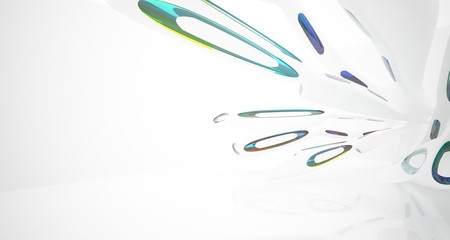 Abstract architectural white and glass gradient color smooth interior of a minimalist house with large windows.. 3D illustration and rendering.