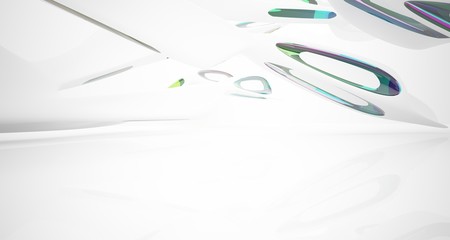 Abstract architectural white and glass gradient color smooth interior of a minimalist house with large windows.. 3D illustration and rendering.