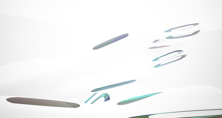 Abstract architectural white and glass gradient color smooth interior of a minimalist house with large windows.. 3D illustration and rendering.