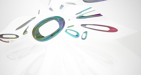 Abstract architectural white and glass gradient color smooth interior of a minimalist house with large windows.. 3D illustration and rendering.