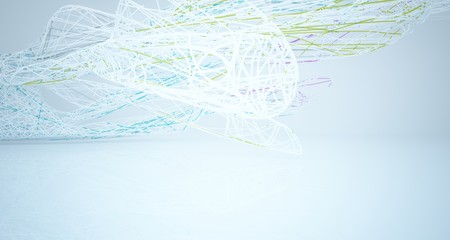 Abstract architectural white and glass gradient color smooth wire interior of a minimalist house with large windows.. 3D illustration and rendering.