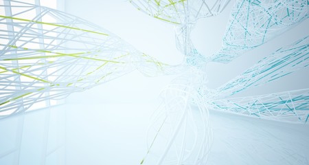 Abstract architectural white and glass gradient color smooth wire interior of a minimalist house with large windows.. 3D illustration and rendering.