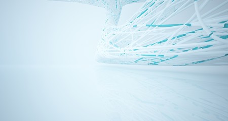 Abstract architectural white and glass gradient color smooth wire interior of a minimalist house with large windows.. 3D illustration and rendering.