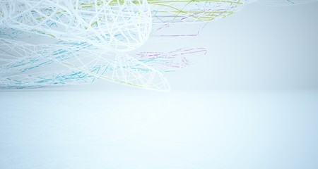 Abstract architectural white and glass gradient color smooth wire interior of a minimalist house with large windows.. 3D illustration and rendering.