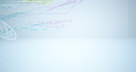 Abstract architectural white and glass gradient color smooth wire interior of a minimalist house with large windows.. 3D illustration and rendering.