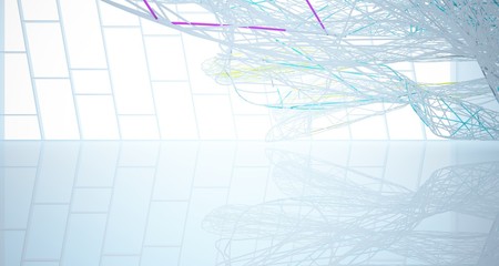 Abstract architectural white and glass gradient color smooth wire interior of a minimalist house with large windows.. 3D illustration and rendering.