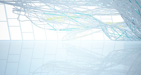 Abstract architectural white and glass gradient color smooth wire interior of a minimalist house with large windows.. 3D illustration and rendering.