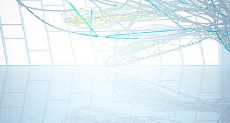 Abstract architectural white and glass gradient color smooth wire interior of a minimalist house with large windows.. 3D illustration and rendering.