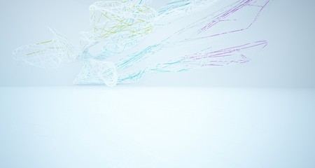 Abstract architectural white and glass gradient color smooth wire interior of a minimalist house with large windows.. 3D illustration and rendering.