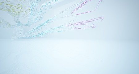 Abstract architectural white and glass gradient color smooth wire interior of a minimalist house with large windows.. 3D illustration and rendering.