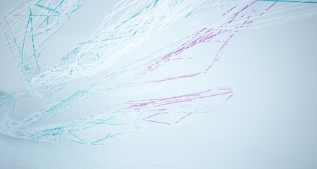 Abstract architectural white and glass gradient color smooth wire interior of a minimalist house with large windows.. 3D illustration and rendering.