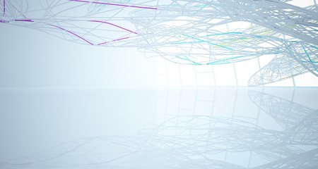 Abstract architectural white and glass gradient color smooth wire interior of a minimalist house with large windows.. 3D illustration and rendering.