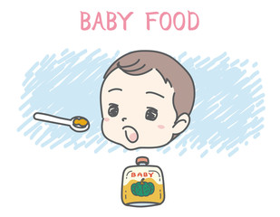 Baby eating baby food. Vector illustration.