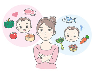 Mother thinking about her baby's food. Vector illustration.