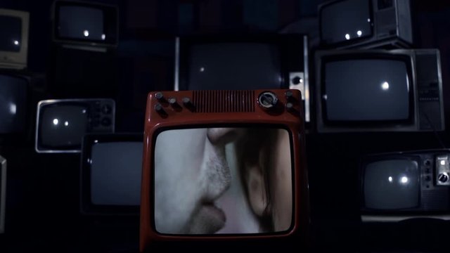 Gossip people Whispering in Ear Secrets and Rumors, on a Retro TV that Explodes and Breaks. Blue Dark Tone. 