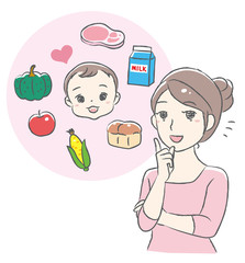 Mother thinking about her baby's food. Vector illustration.