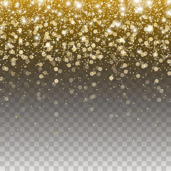 Gold glitter particles and lights effect for luxury greeting card. Vector glowing golden shimmer texture with confetti for new year, christmas design. Star dust sparks on transparent background.