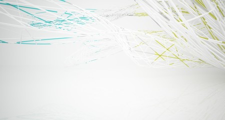 Abstract architectural white and glass gradient color smooth wire interior of a minimalist house with large windows.. 3D illustration and rendering.