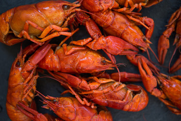 Red boiled crawfishes on table in rustic style, closeup. Lobster closeup.
