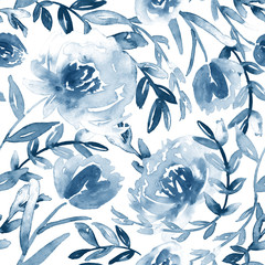Watercolor floral pattern in blue and white.