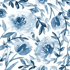 Deurstickers Blauw wit Aquarel bloemmotief in blauw en wit.