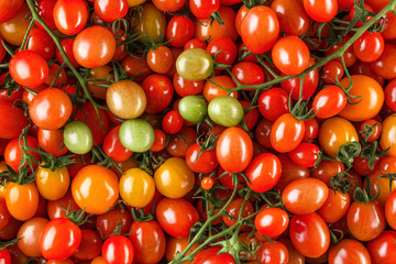 Fresh organic cherry tomatoes as background, closeup.