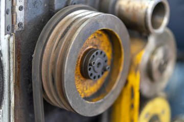 Repair of old metal lathe machine for metalworking closeup in workshop