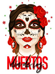 Dia De Los Muertos celebration template or flyer design with illustration of catrina on white background.