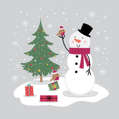 Cute Snowman and little robbin bird, Christmas card with cute character, vector illustration design