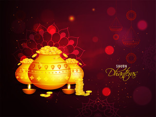 Shubh (Happy) Dhanteras celebration greeting card design with golden coin pots and illuminated oil lamps (Diya) on brown mandala lighting effect background.