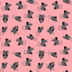 Seamless pattern with cute cartoon mice. Symbol of the New year 2020. Funny rats isolated on pink background. Flat vector illustration.
