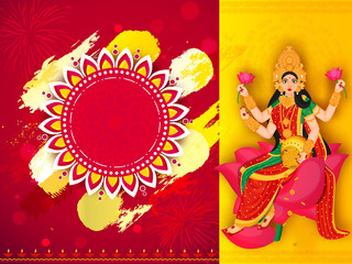 Hindu Mythological Goddess Lakshmi and blank floral frame given for your message with brush stroke effect on red and yellow background.