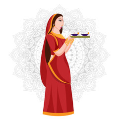 Illustration of woman holding plate of oil lamp (Diya) standing on mandala pattern background.