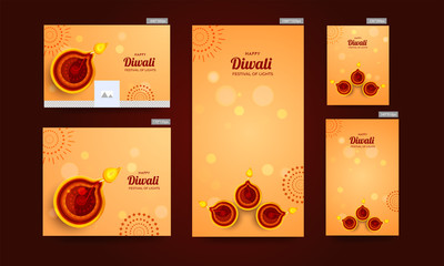 Set of poster and template design decorated with top view of illuminated oil lamps (Diya) for Happy Diwali celebration concept.