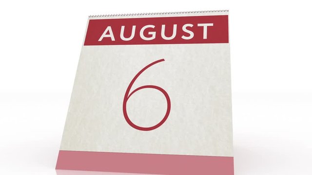 August 6 date. calendar change to August 6 animation