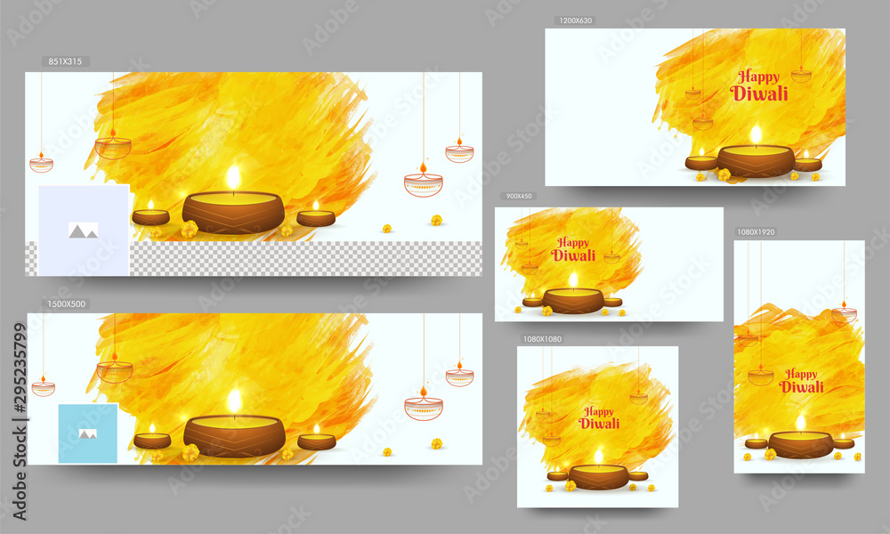 Sticker Happy Diwali header, poster or template set with illuminated oil lamps (Diya) and yellow brush stroke effect on white background.