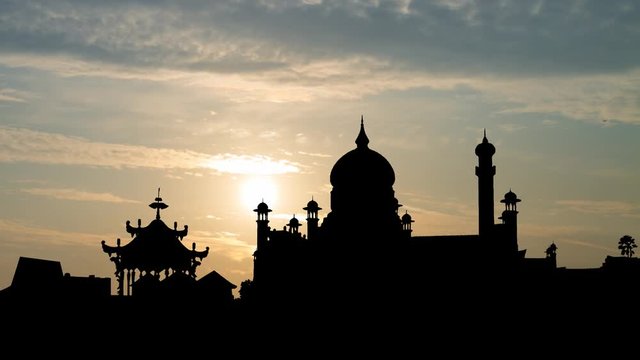 Islamic Mosque Omar Ali Saifuddin and Ceremonial Barge, Time Lapse at Sunrise with Colofrul Sky, Bandar Seri Begawan, Brunei