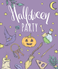 Witch Party. Halloween card with witch things