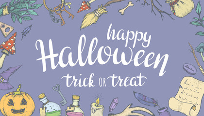 Obraz premium Happy Halloween. Card with witch things