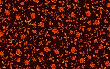 roses seamless pattern with leaves on dark background