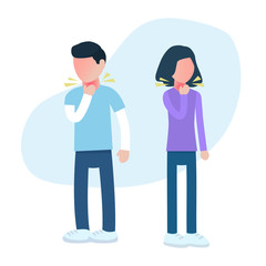 Sore throat characters illustration. Cold or flu virus symptom. For medical treatment and healthcare