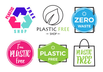 Plastic free Badges Labels Set with turtle, starfish and shell. For ecology, zero waste recycling