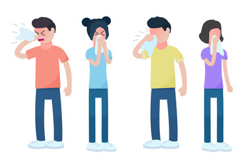 Runny nose characters illustration. Cold or flu virus symptom. For medical treatment and healthcare