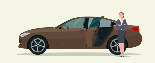 A business woman and car sedan with open back door. Vector flat style illustration.